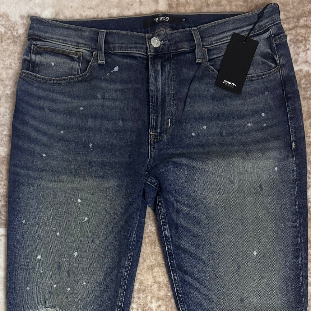 NWT Hudson Jeans Brand Zack Skinny Distressed Medium Blue Stretch Denim, 36
